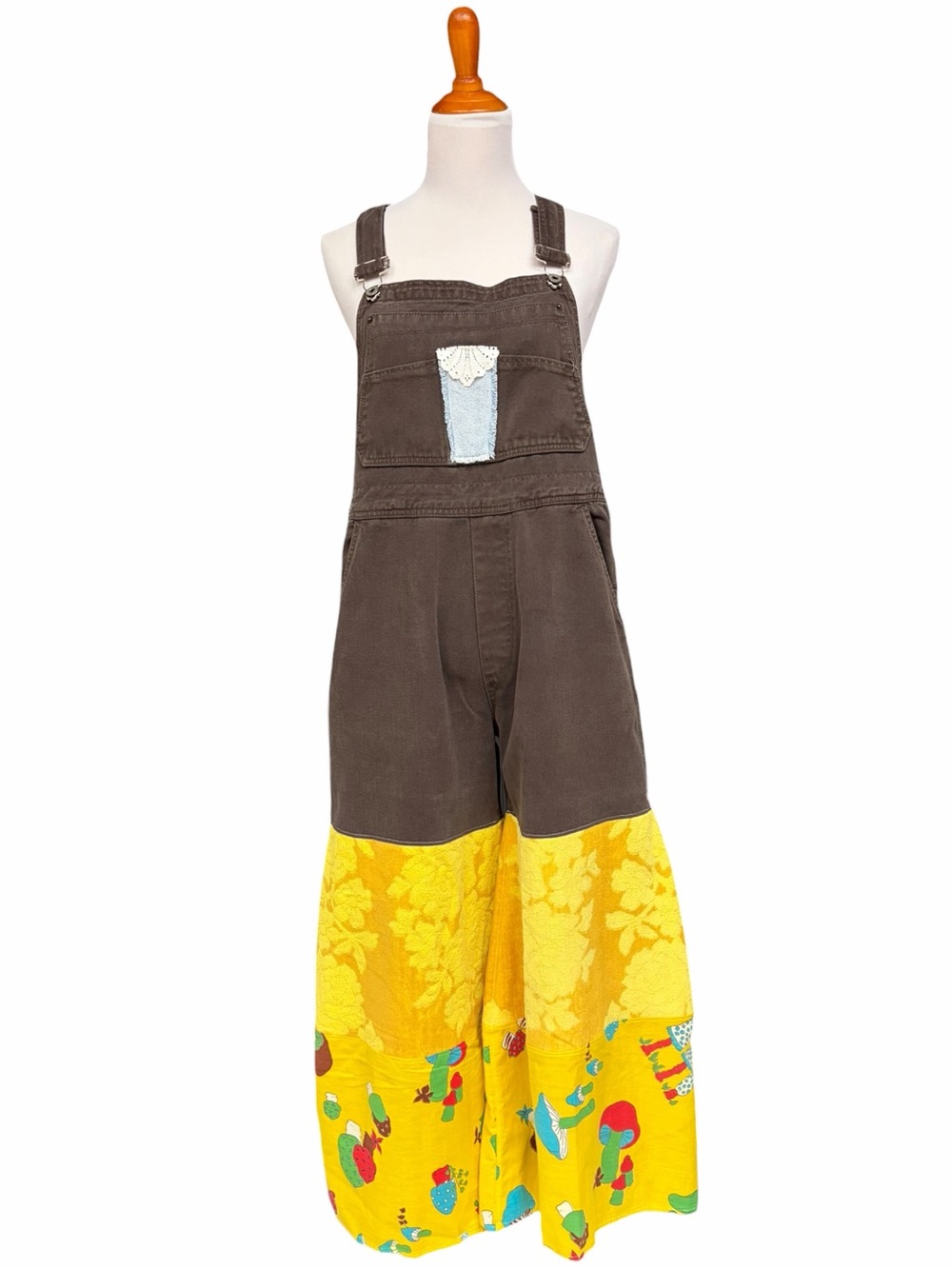 Upcycled Mushroom Patchwork Brown Denim Overalls M Wide Flare Leg Mushroom Print